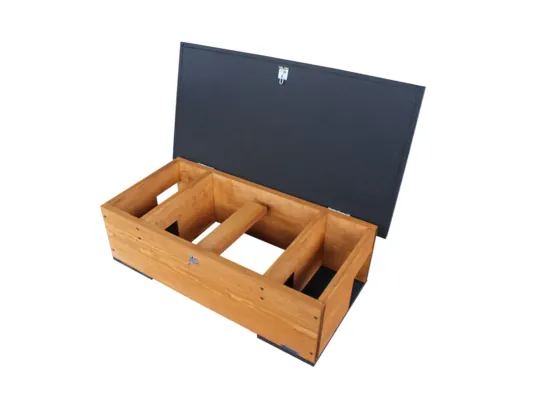 A wooden storage chest with a hinged lid, featuring multiple compartments inside.